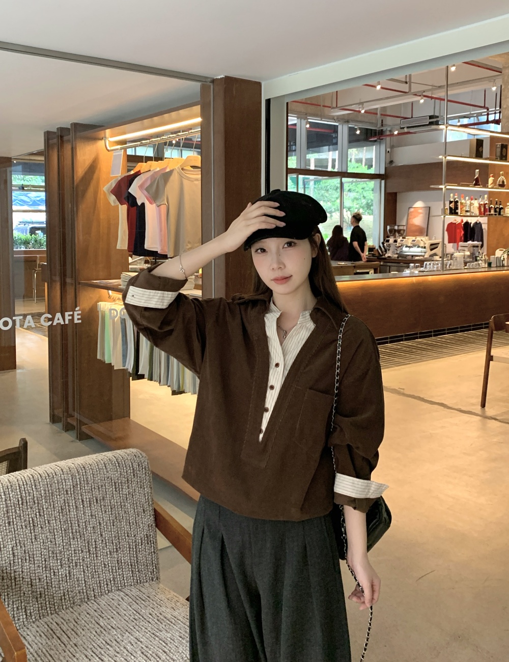 Splice stripe shirt all-match Pseudo-two tops