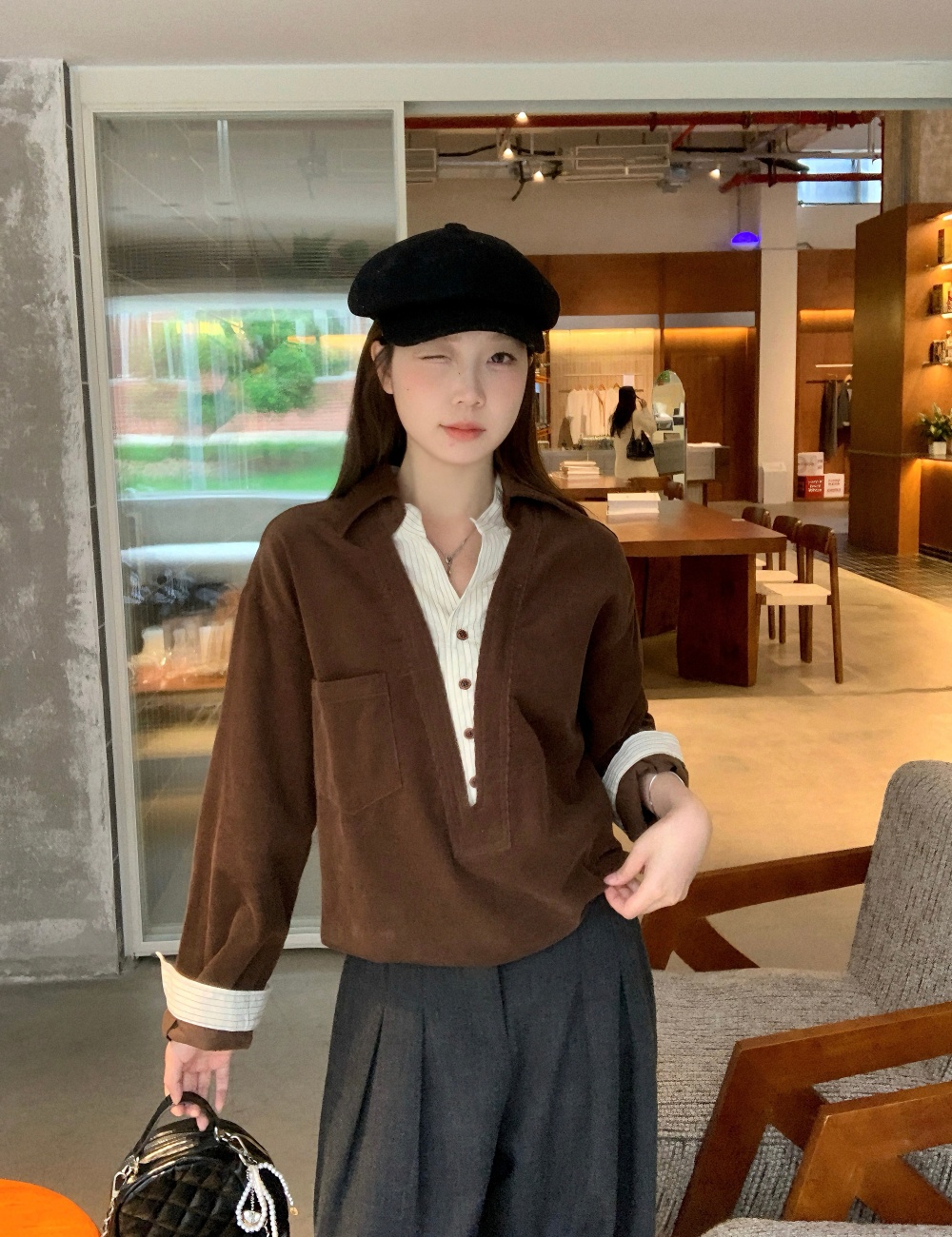 Splice stripe shirt all-match Pseudo-two tops