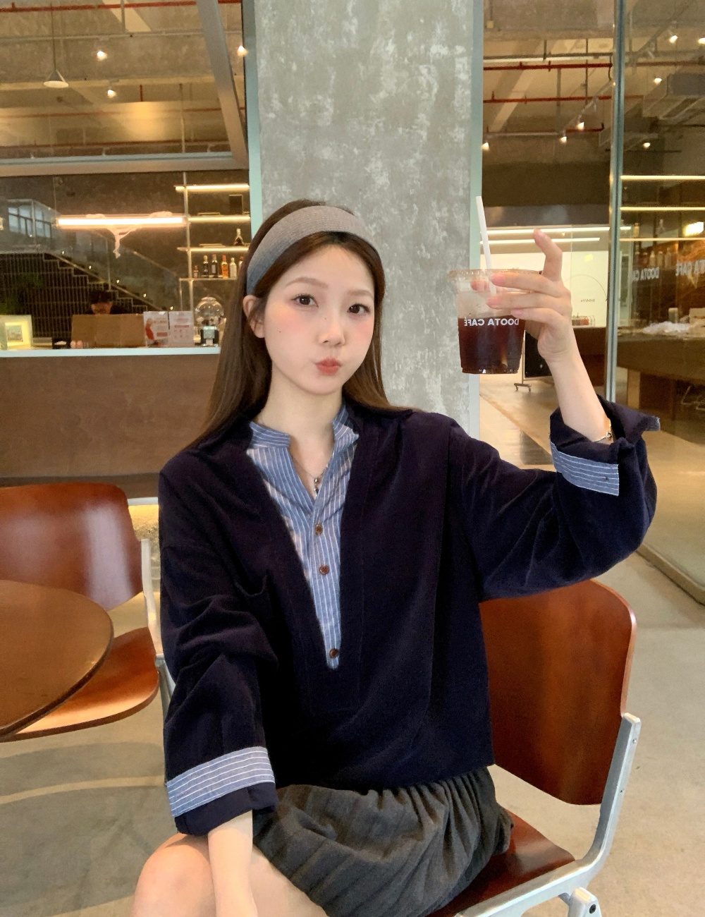 Splice stripe shirt all-match Pseudo-two tops