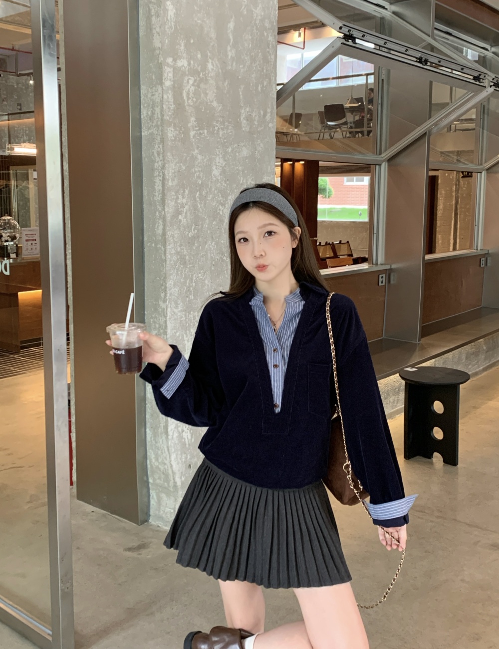 Splice stripe shirt all-match Pseudo-two tops