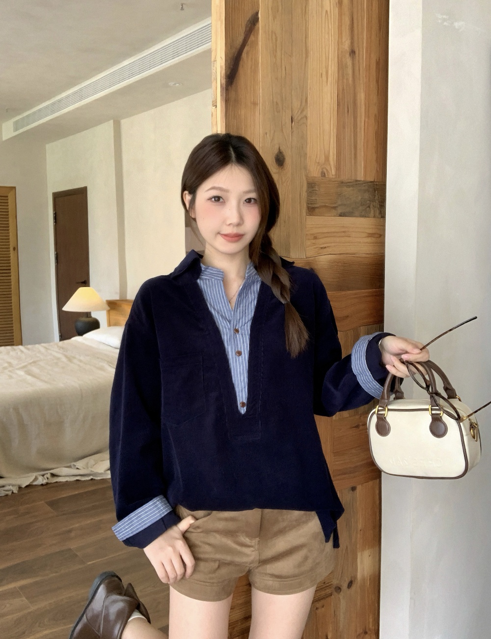 Splice stripe shirt all-match Pseudo-two tops