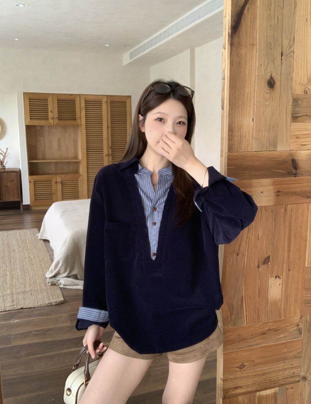 Splice stripe shirt all-match Pseudo-two tops