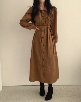 Pure pinched waist lapel long dress for women