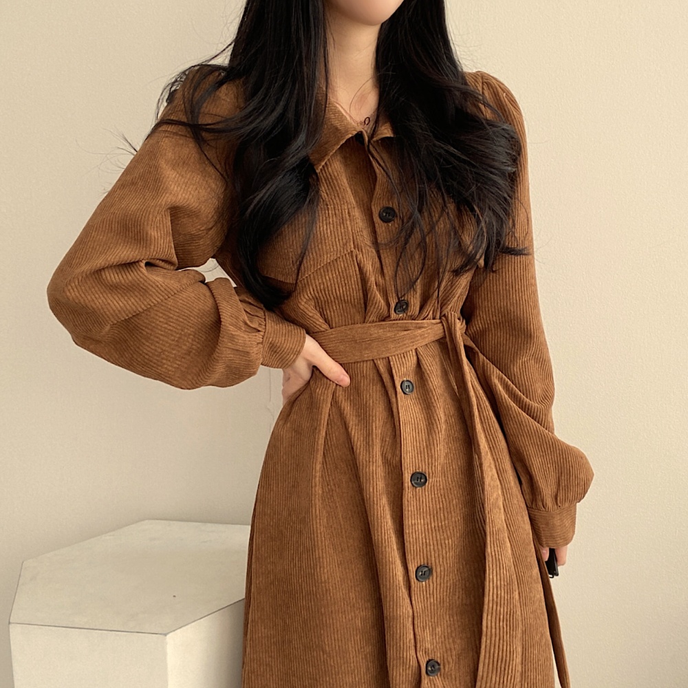 Pure pinched waist lapel long dress for women