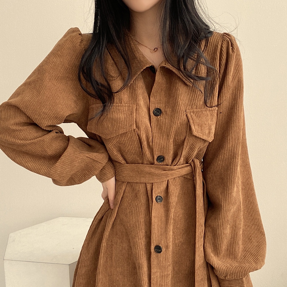 Pure pinched waist lapel long dress for women