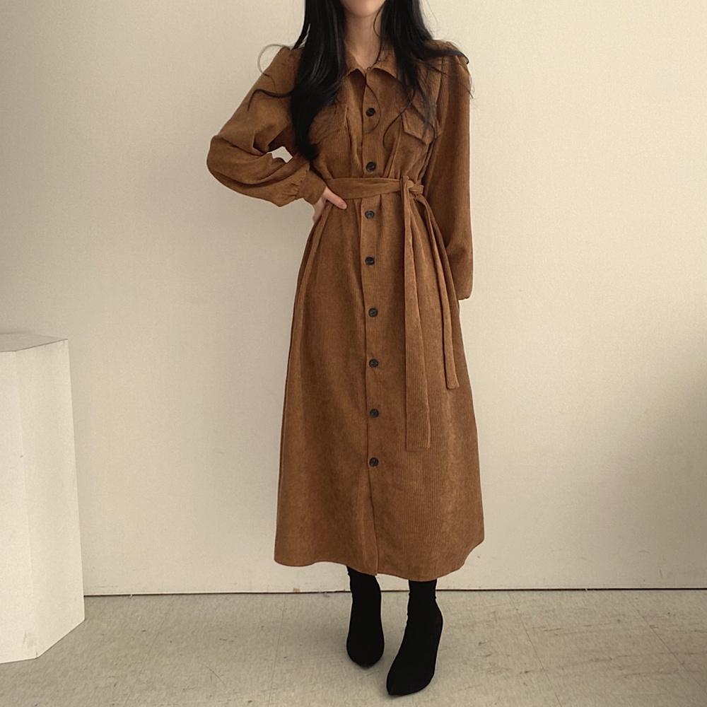 Pure pinched waist lapel long dress for women