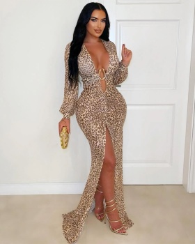Leopard sexy European style V-neck fashion dress for women