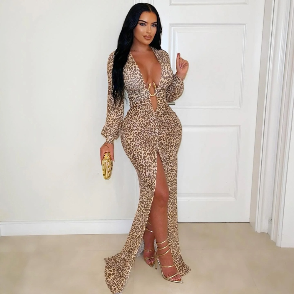 Leopard sexy European style V-neck fashion dress for women