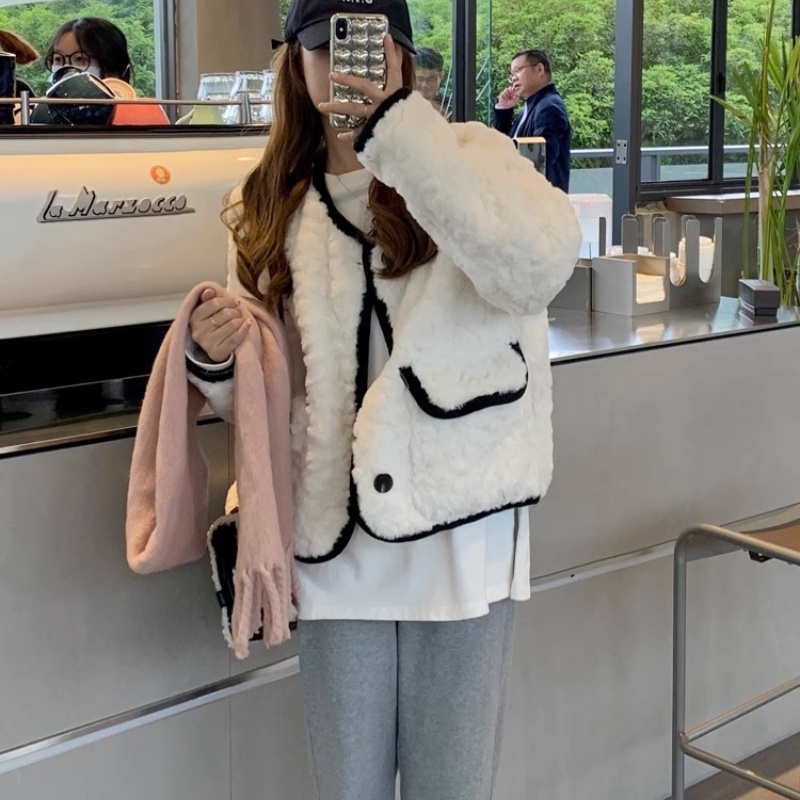 Lamb fur all-match hairy slim overcoat