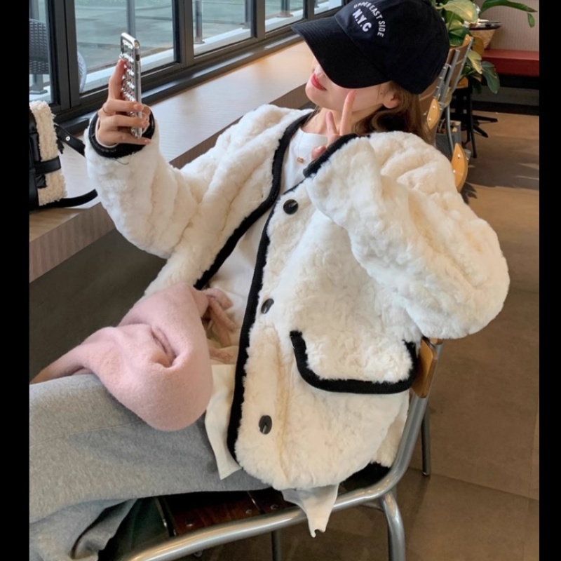 Lamb fur all-match hairy slim overcoat