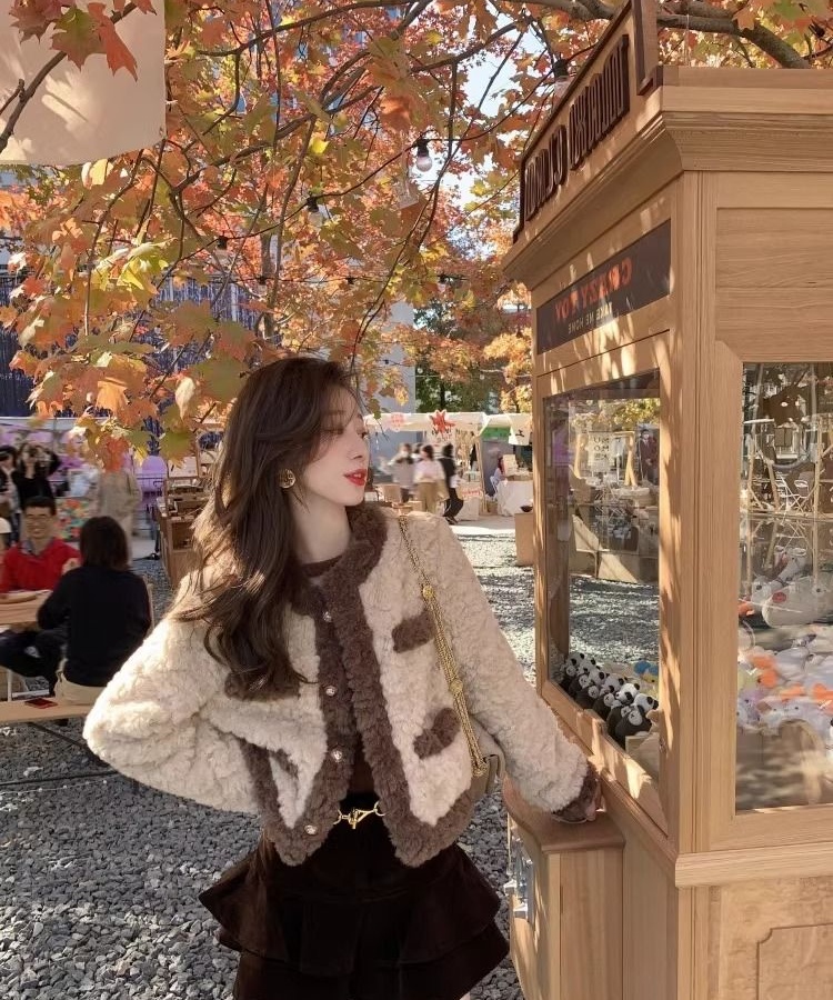 Slim retro hairy show young all-match coat for women