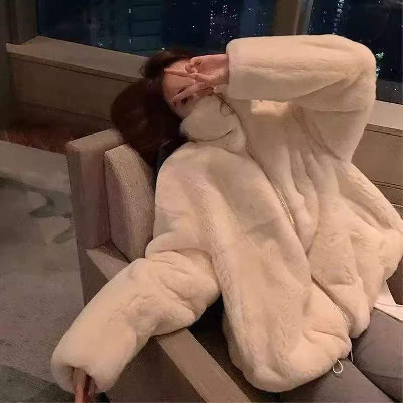 Hairy cstand collar Korean style jacket for women