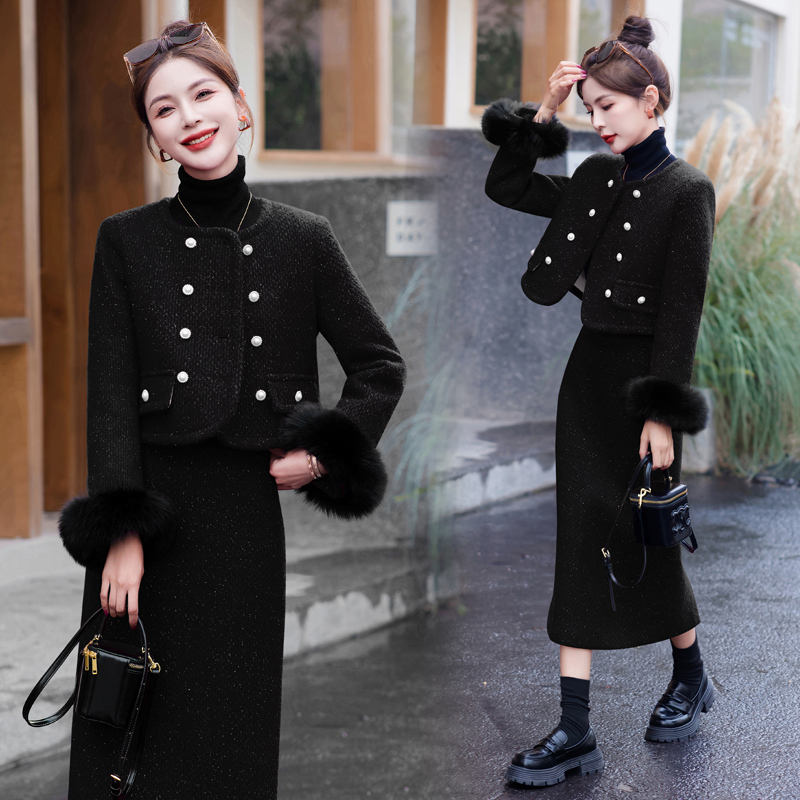 Temperament real gross long skirt winter coat a set