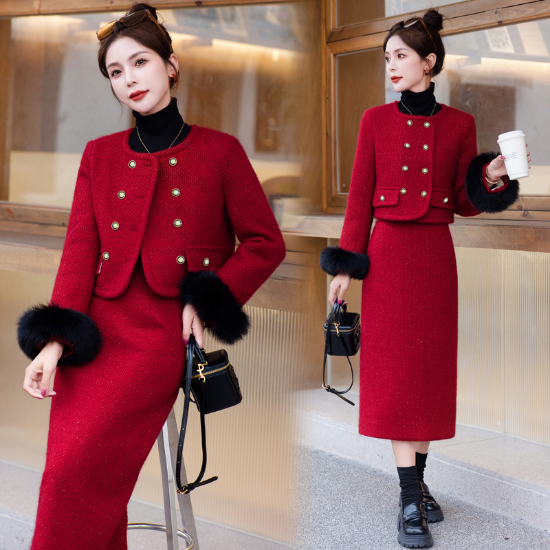 Temperament real gross long skirt winter coat a set