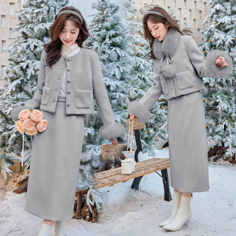 Ladies down winter skirt pink chanelstyle coat a set