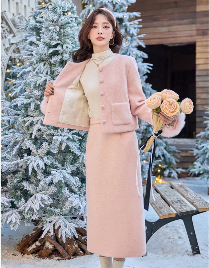 Ladies down winter skirt pink chanelstyle coat a set