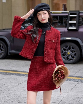Autumn chanelstyle long skirt red coat 2pcs set