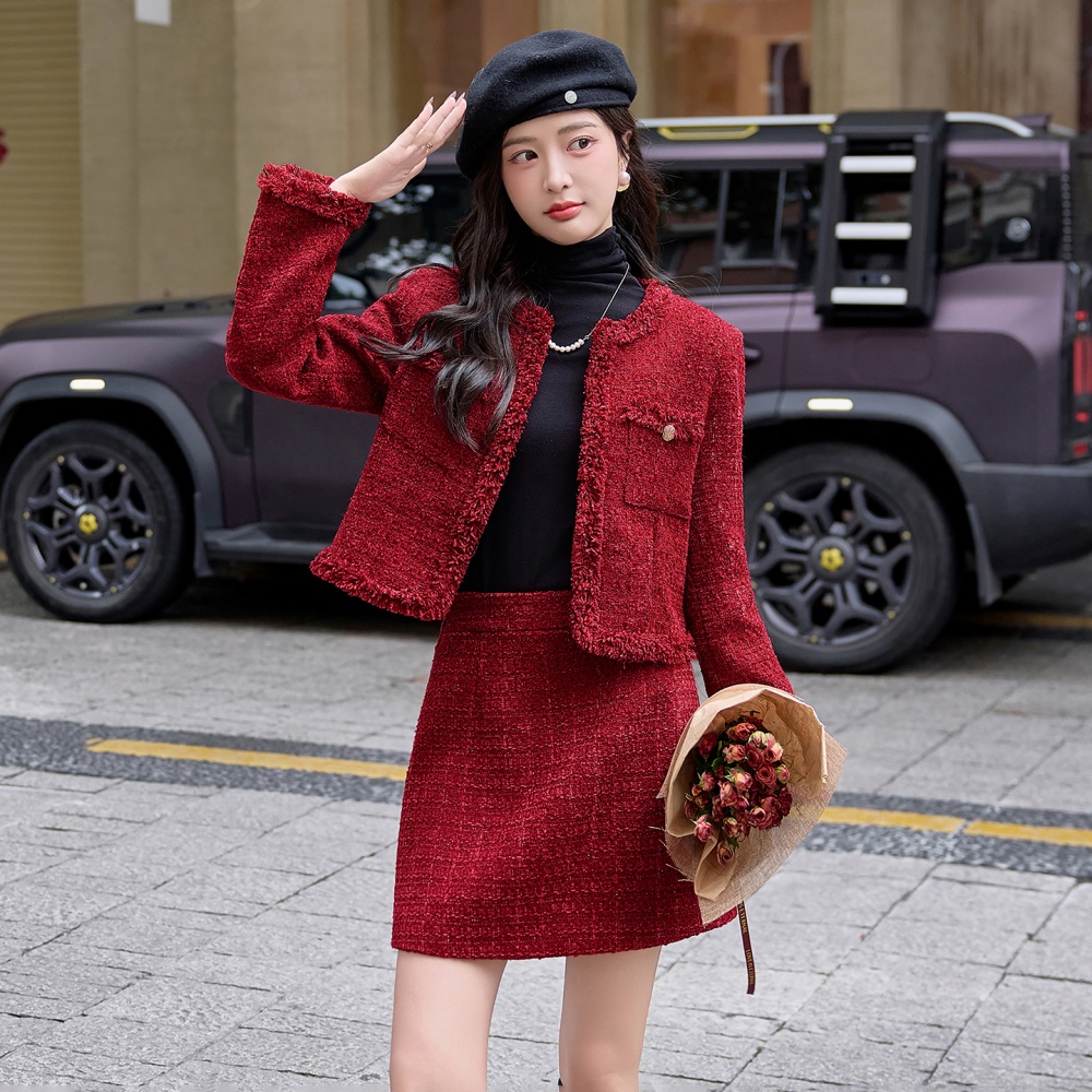 Autumn chanelstyle long skirt red coat 2pcs set