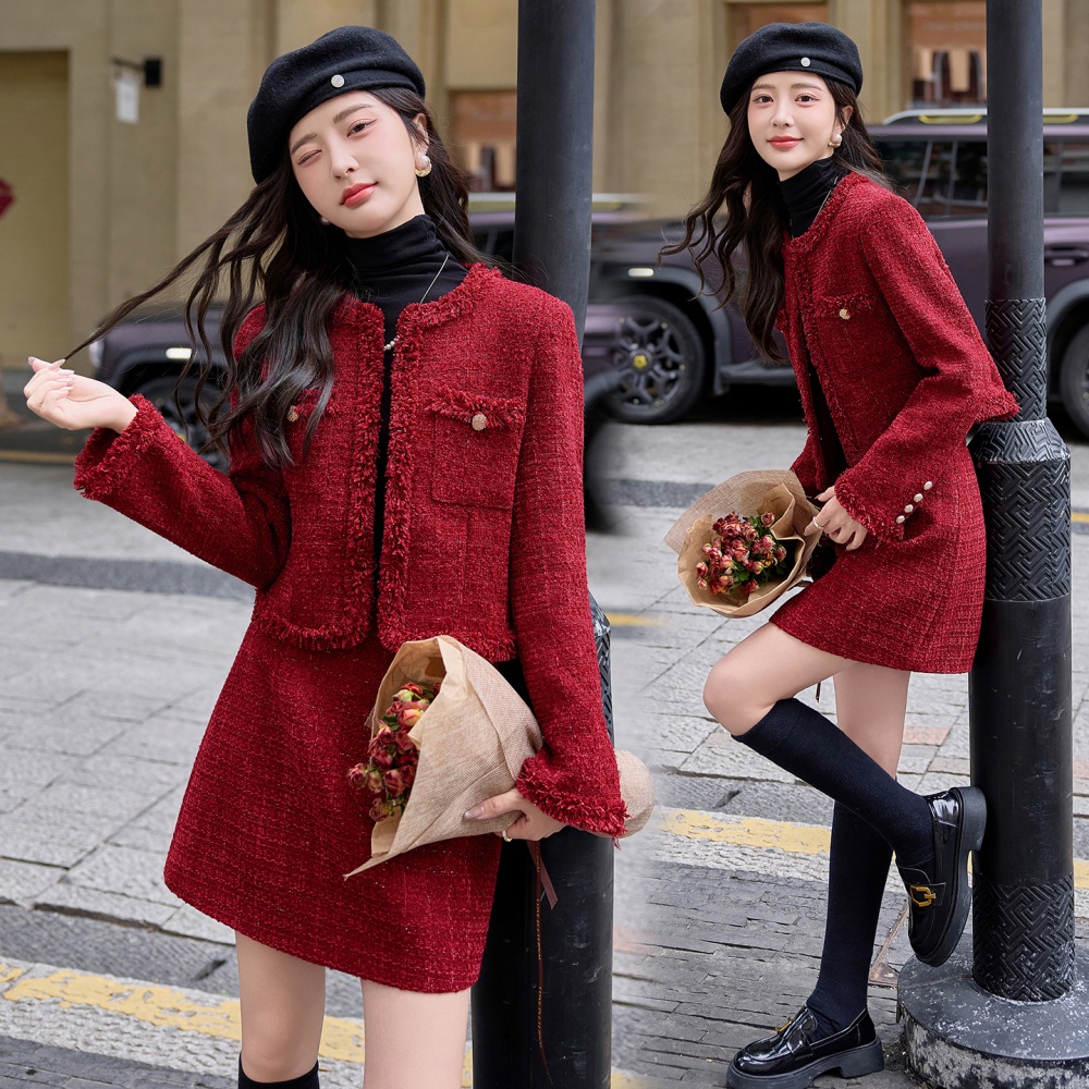 Autumn chanelstyle long skirt red coat 2pcs set