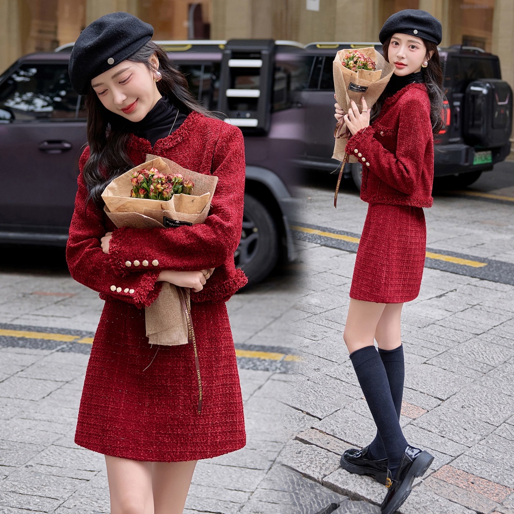 Autumn chanelstyle long skirt red coat 2pcs set