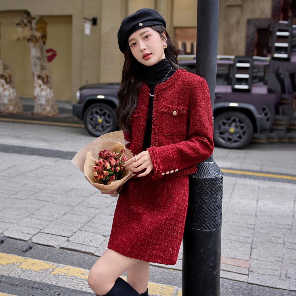 Autumn chanelstyle long skirt red coat 2pcs set