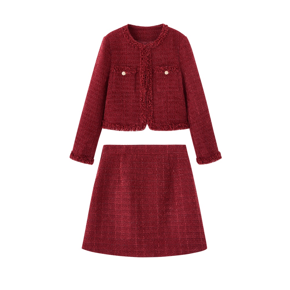 Autumn chanelstyle long skirt red coat 2pcs set