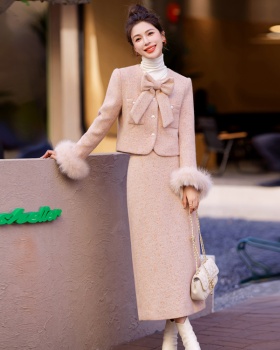 Down duck down coat fox fur bow long skirt a set