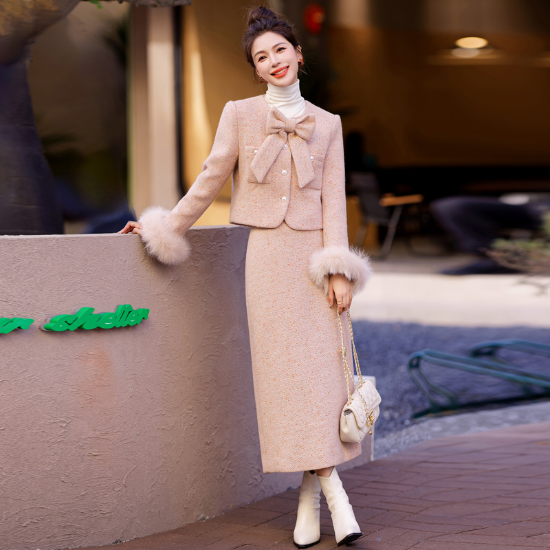 Down duck down coat fox fur bow long skirt a set