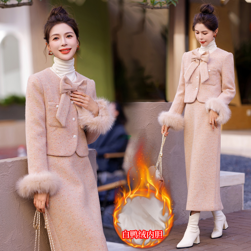 Down duck down coat fox fur bow long skirt a set