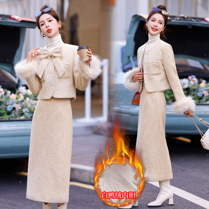 Down duck down coat fox fur bow long skirt a set