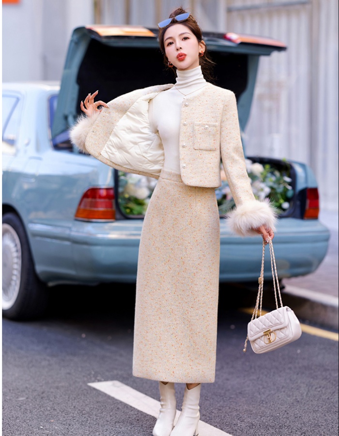 Down duck down coat fox fur bow long skirt a set