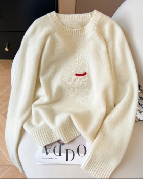 Lazy round neck tops embroidery sweater for women