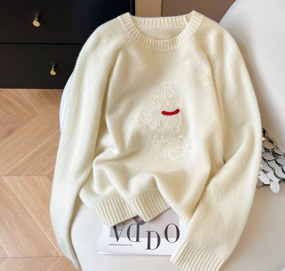 Lazy round neck tops embroidery sweater for women