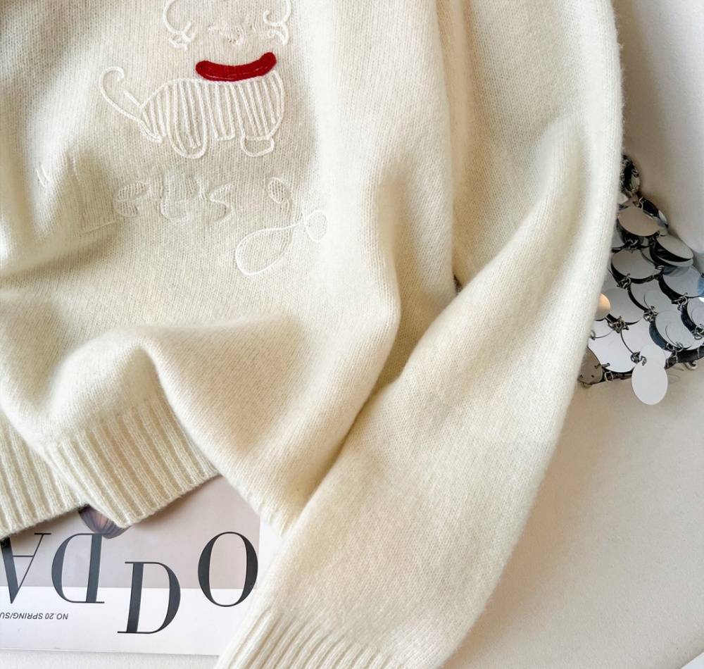 Lazy round neck tops embroidery sweater for women