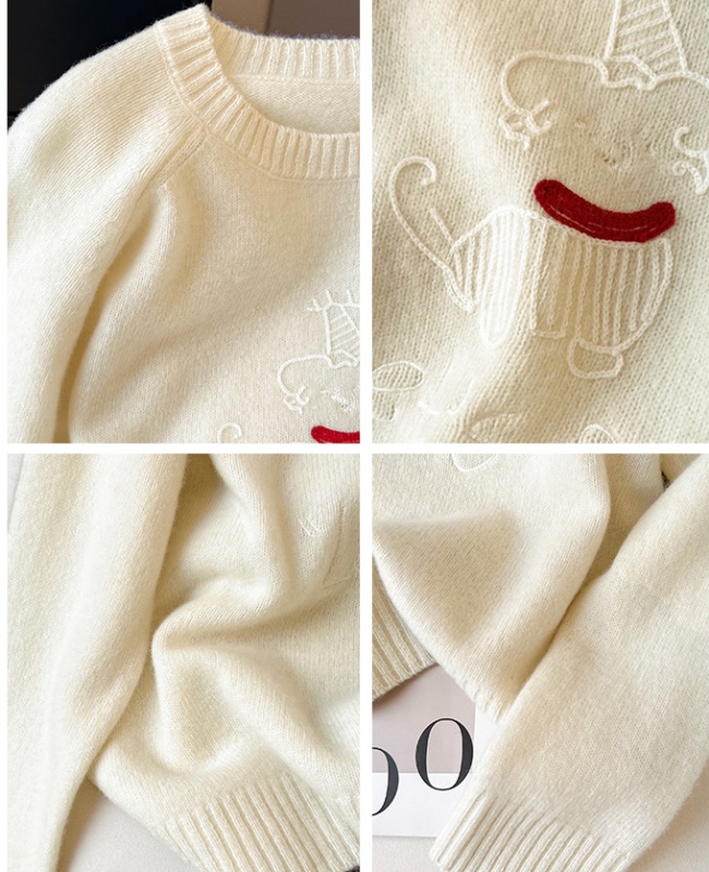 Lazy round neck tops embroidery sweater for women