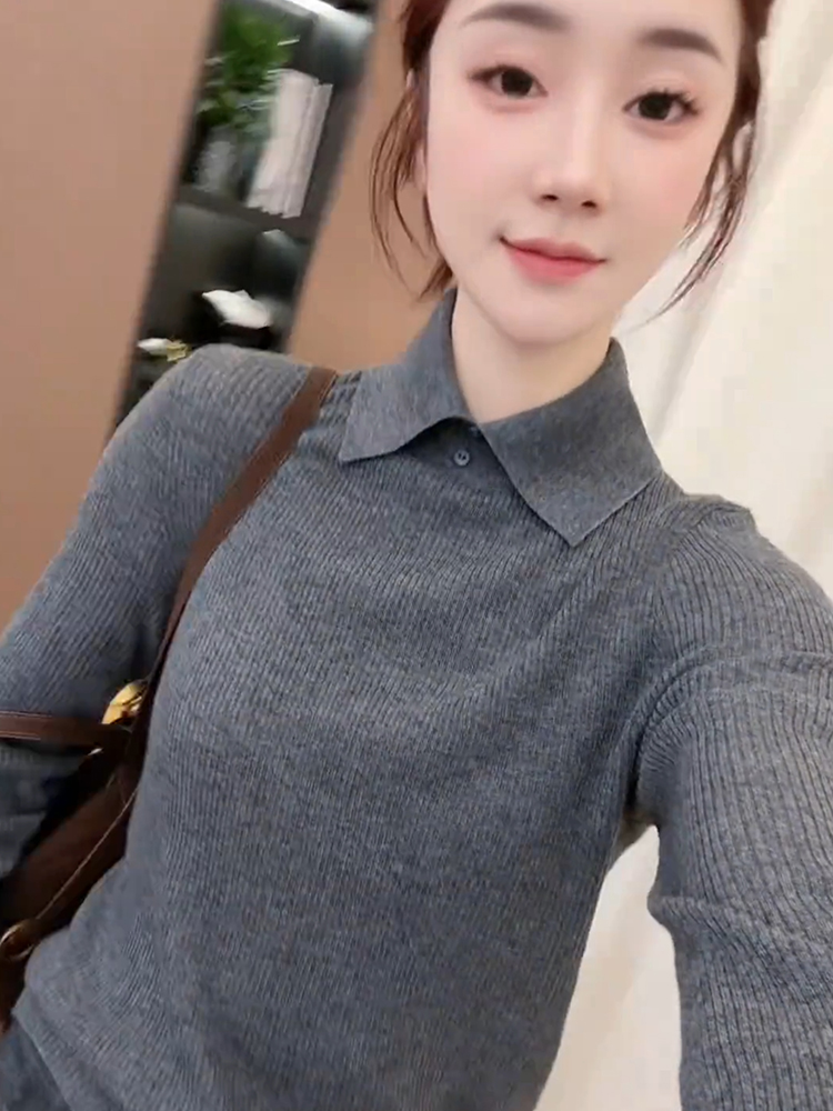 Slim France style sweater lapel bottoming shirt for women