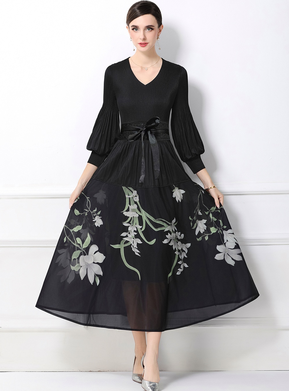 Pleats Please loose waist lantern sleeve dress