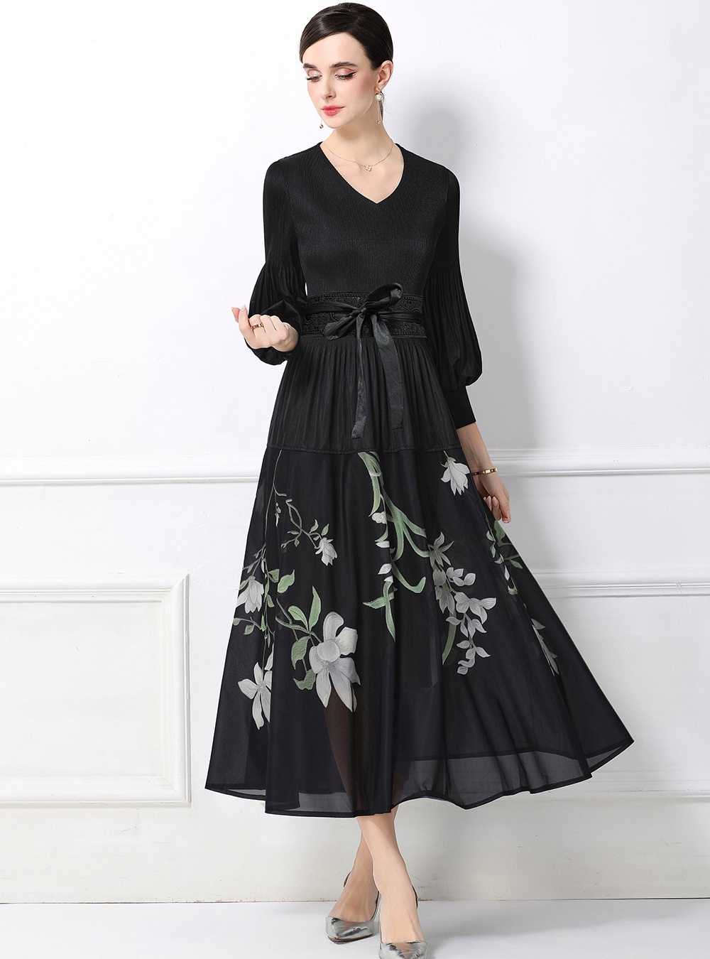 Pleats Please loose waist lantern sleeve dress