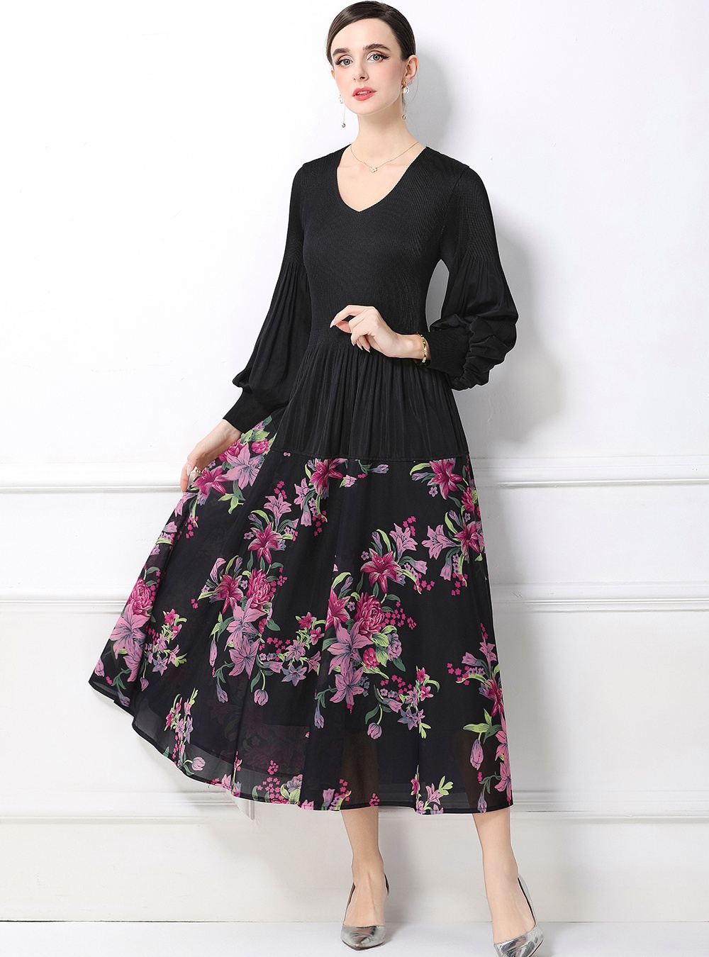 Spring and autumn lantern sleeve Pleats Please dress