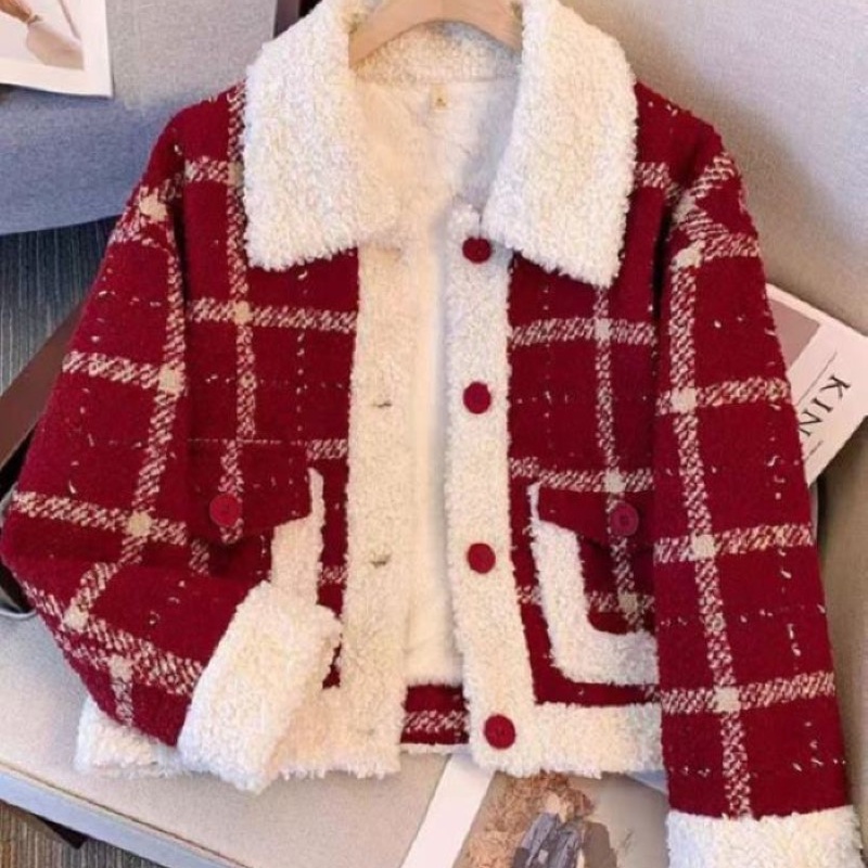 Red plus velvet autumn and winter lambs wool coat for women