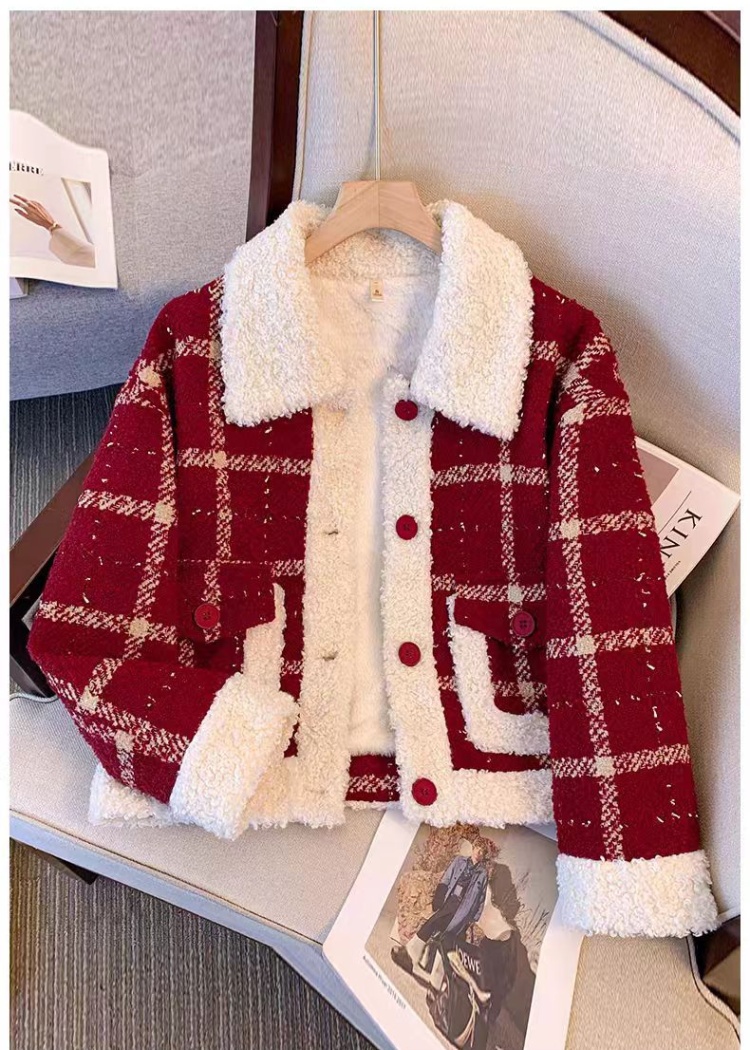Red plus velvet autumn and winter lambs wool coat for women