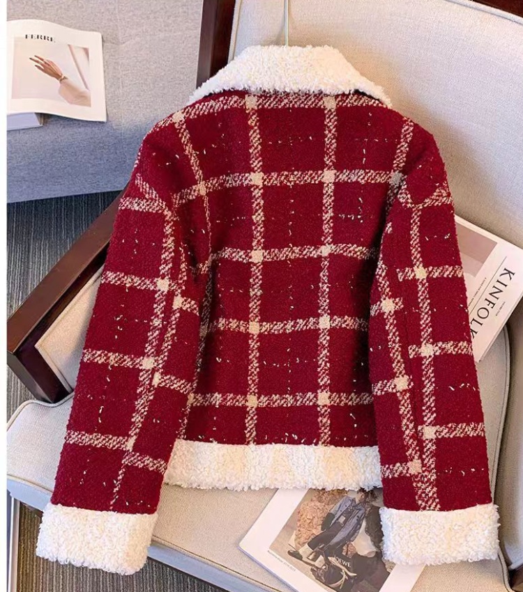 Red plus velvet autumn and winter lambs wool coat for women