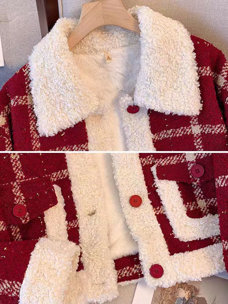 Red plus velvet autumn and winter lambs wool coat for women