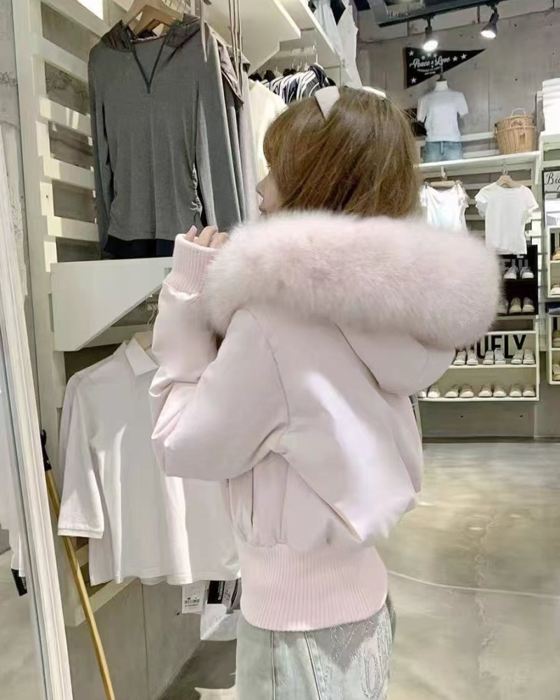Hooded thermal short coat pink fur collar down coat for women
