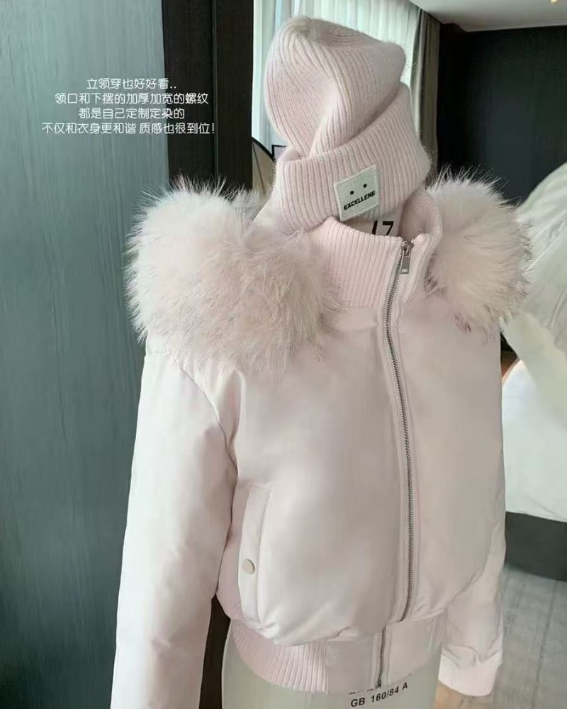 Hooded thermal short coat pink fur collar down coat for women