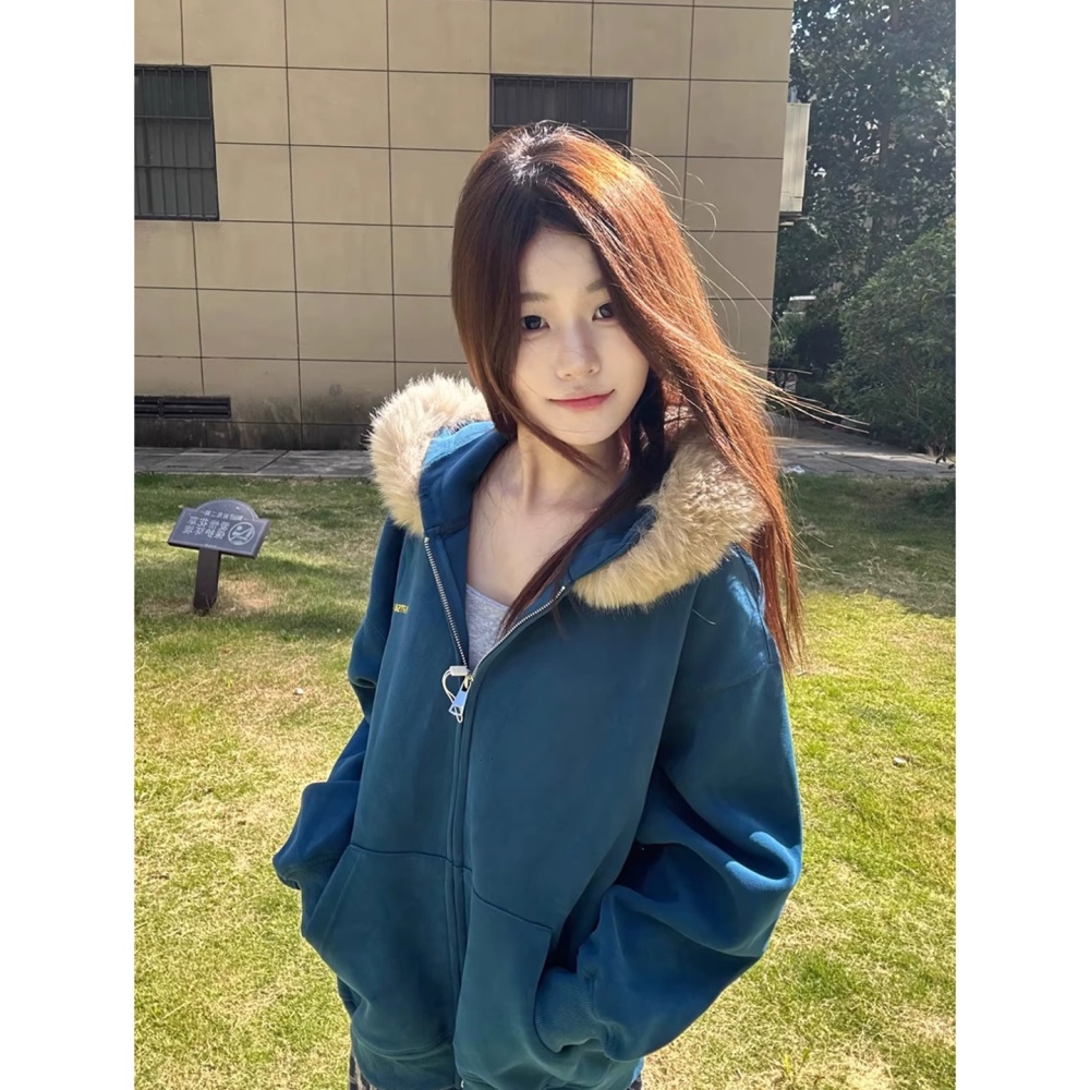 Embroidery plus velvet removable rabbit fur fur collar coat