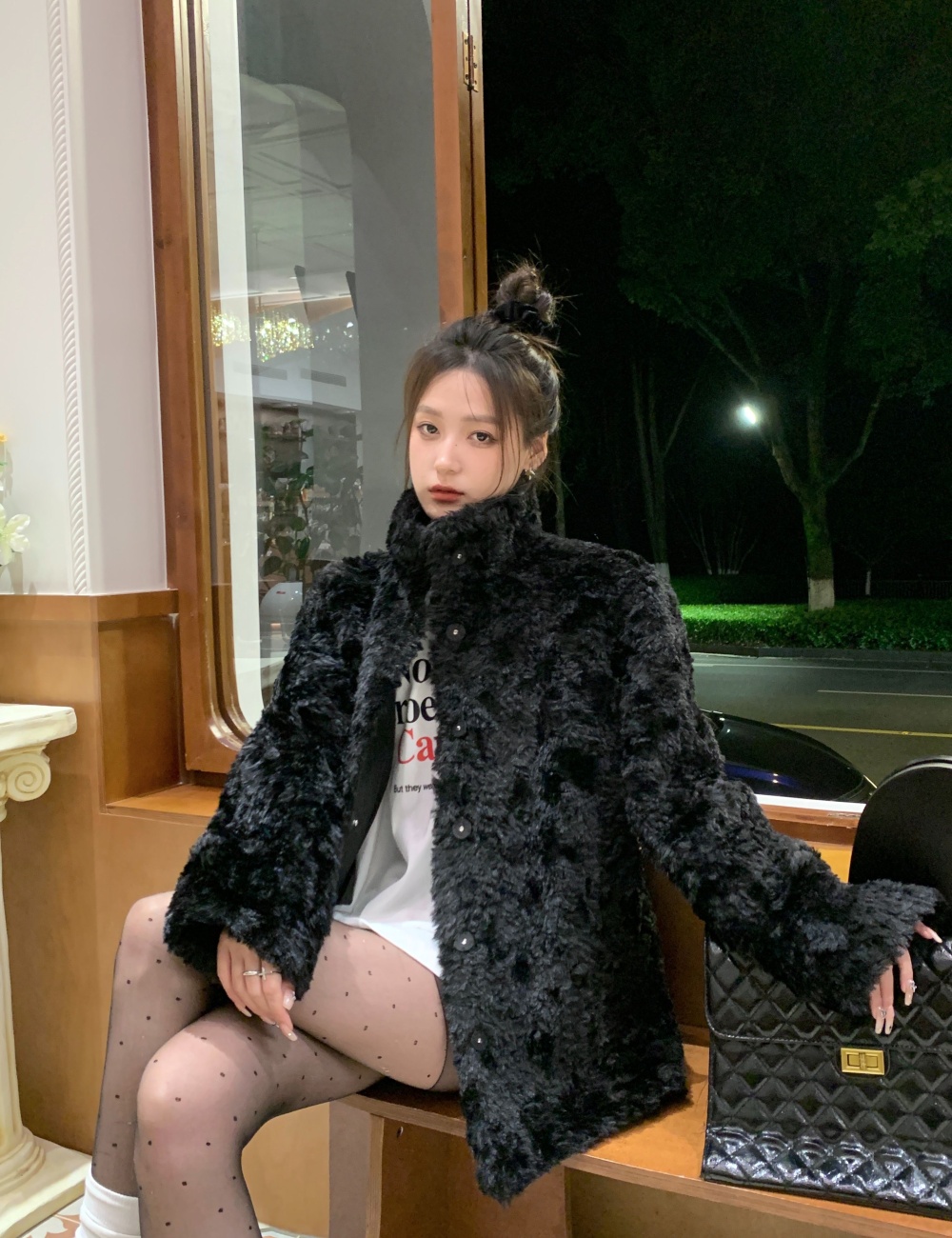 Cstand collar elmo overcoat faux fur coat for women