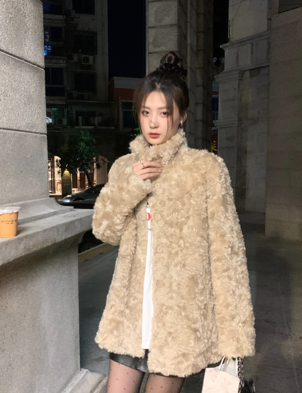 Cstand collar elmo overcoat faux fur coat for women