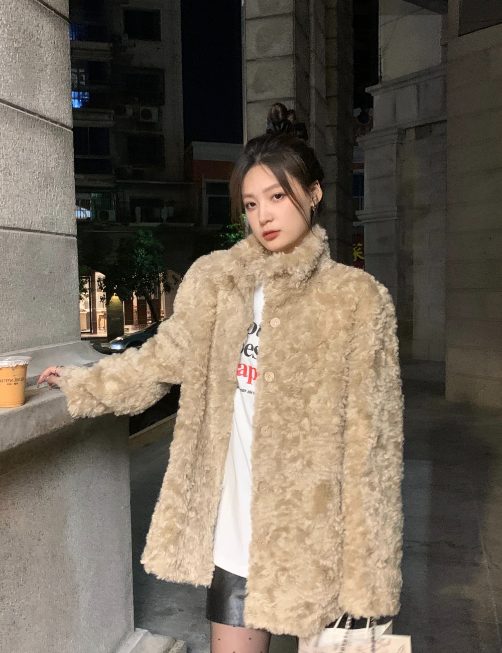 Cstand collar elmo overcoat faux fur coat for women