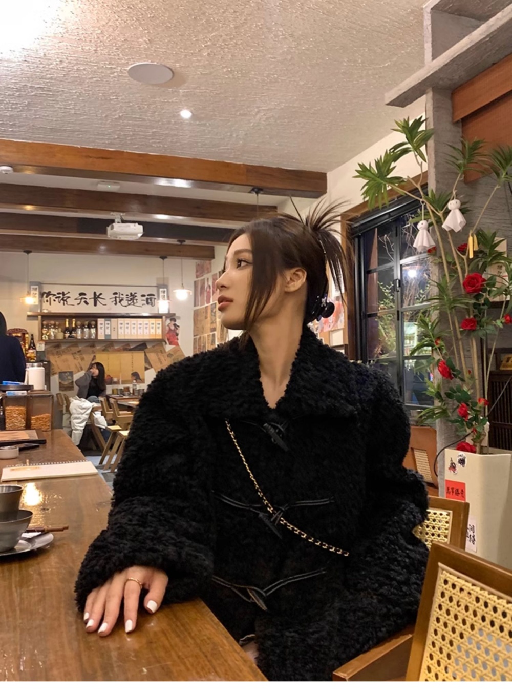 Horn buckle long autumn and winter overcoat for women